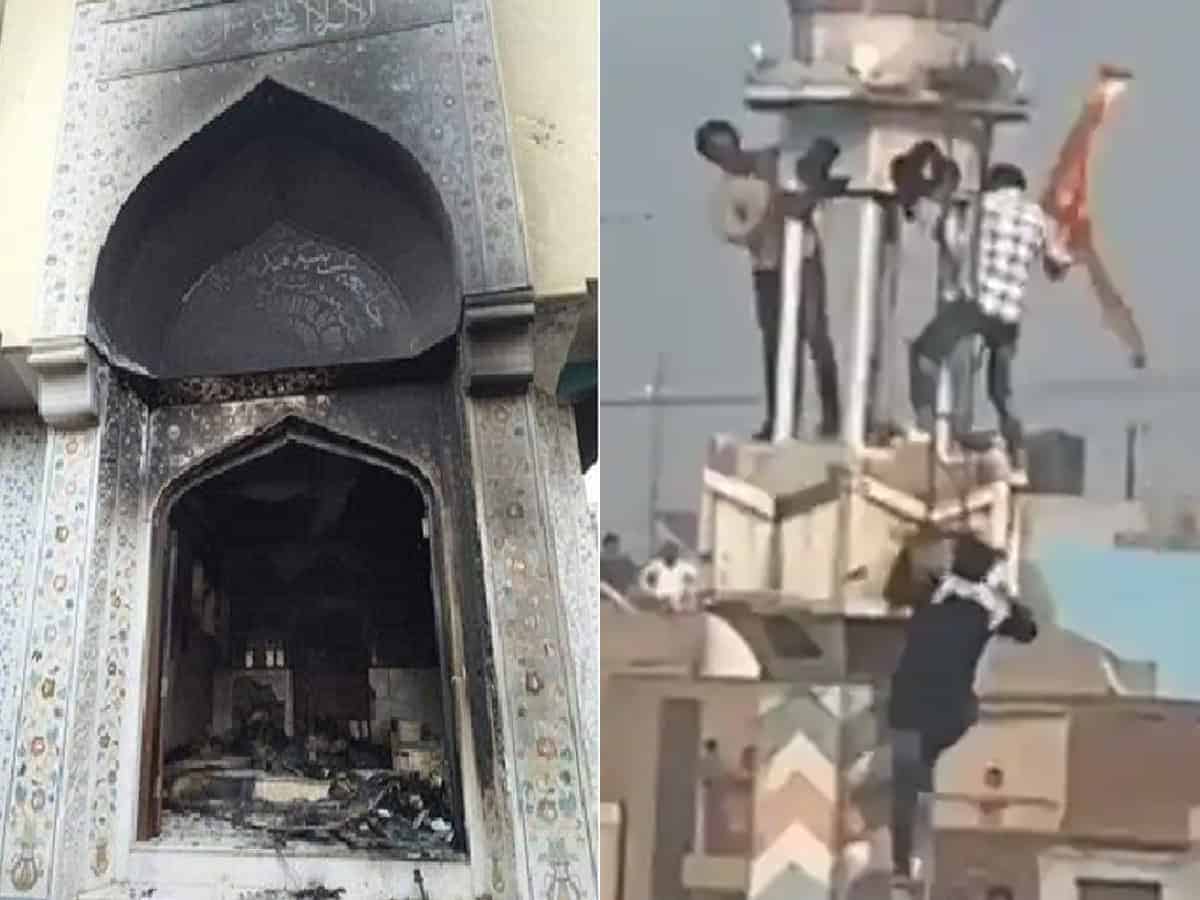 Left: Inside picture of the mosque Right: Hindutva goons climb mosque in Ashok Nagar to hoist bhagwa flag on minaret
