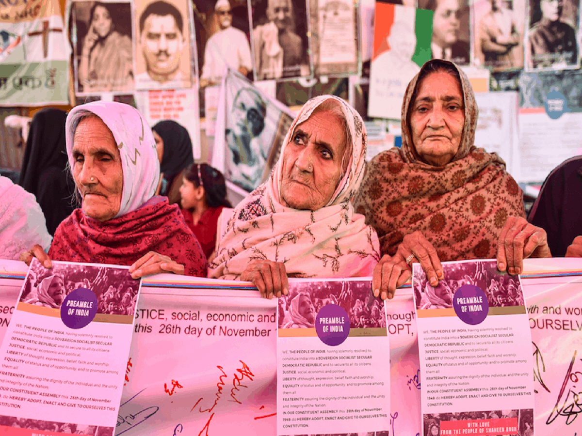 Elderly women during a demonstration against CAA, NRC and NPR at Shaheen Bagh in New Delhi on Saturday. Photo: PTI