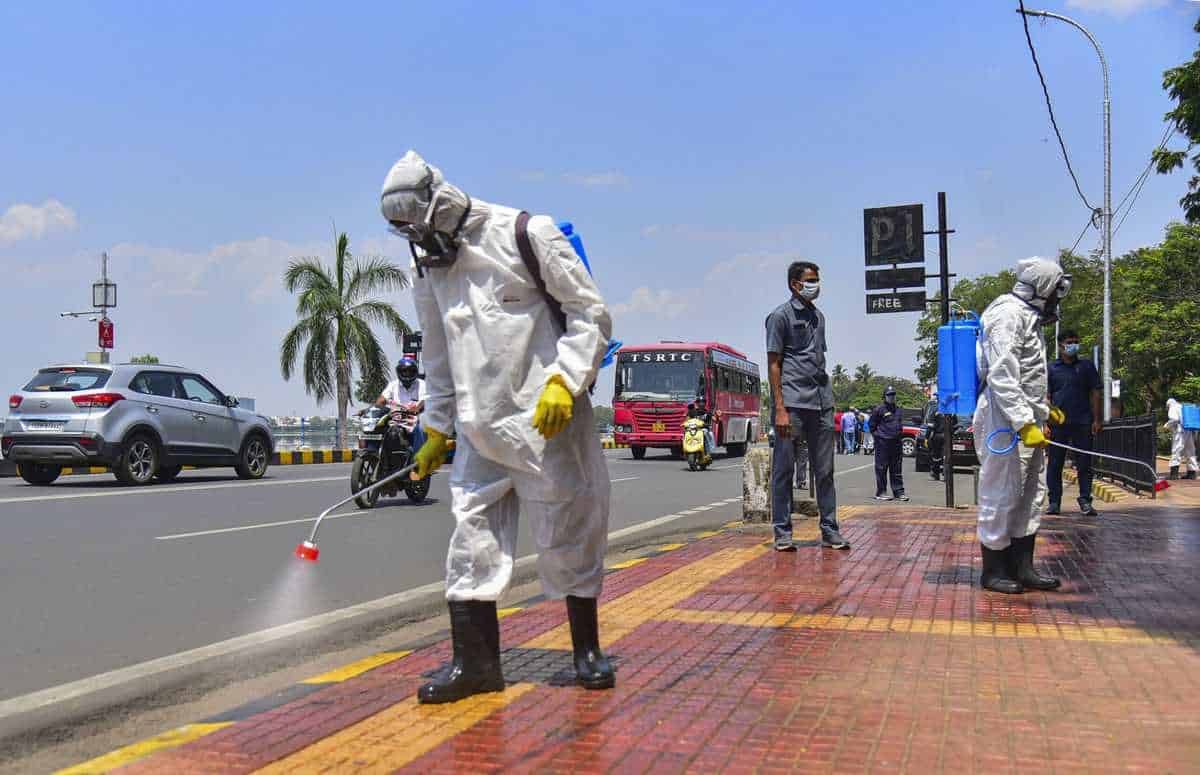 Hyderabad: Disaster Response Force worker sprays disinfectant as a precaution against a coronavirus outbreak at public places, in Hyderabad, Friday, March 20, 2020. (PTI Photo)(PTI20-03-2020_000293B)