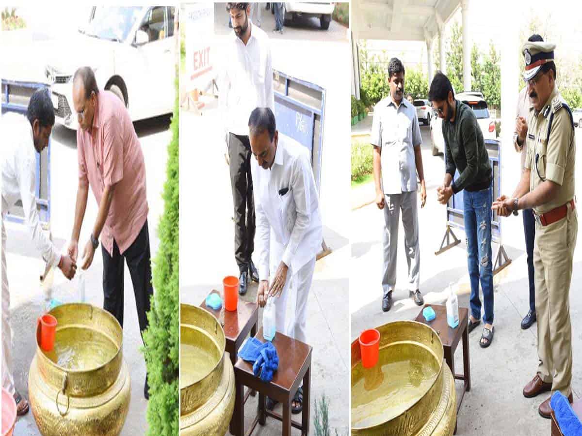 Hyderabad: Ministers, Bureaucrats sanitize hands at Pragathi Bhavan