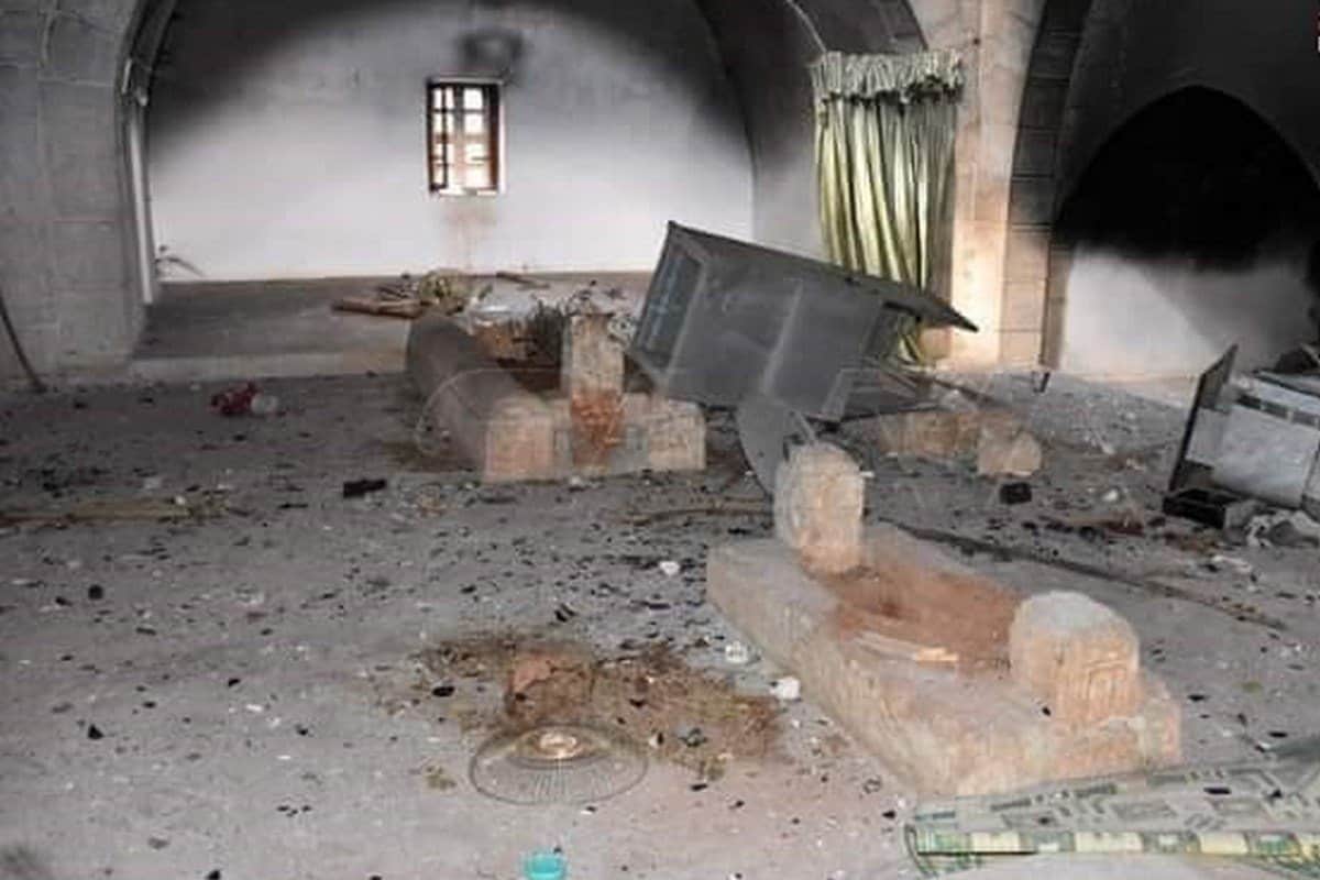 The tomb of Umayyad Caliph Umar Ibn Abdul Aziz was burnt and destroyed by militias in Syria, 28 May 2020 SANAA/ Twitter