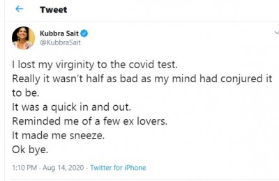 Kubbra Sait compares Covid-19 test with sex