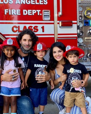 Sunny Leone, family have a day out with firemen