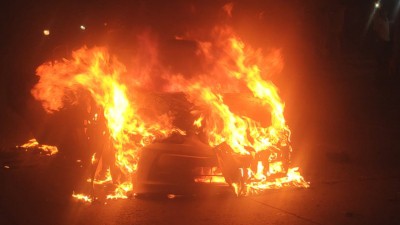 Delhi: Car turns into fireball on BRT track, driver hurt