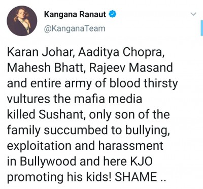Kangana Ranaut: Karan Johar, Aditya Chopra, Mahesh Bhatt 'killed Sushant'