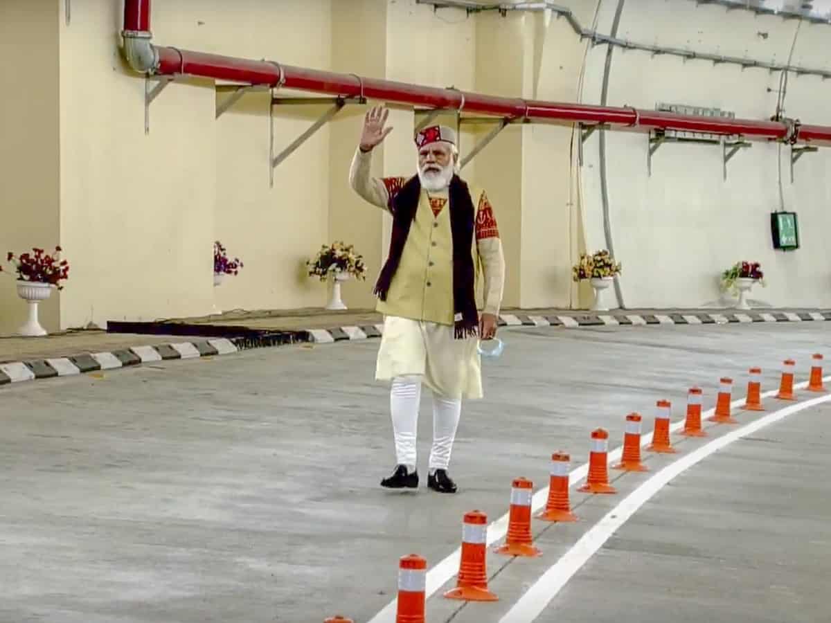Manali: Prime Minister Narendra Modi during the inauguration of Atal tunnel, world's longest highway tunnel, in Manali, Saturday, Oct. 3, 2020. (DD/PTI Photo)(PTI03-10-2020_000032B)