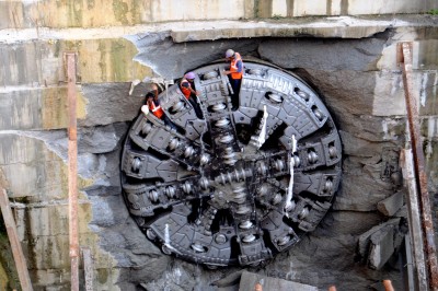Delhi Metro Phase IV's first tunnel boring machine being lowered