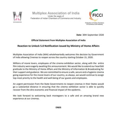 Multiplex Association of India look forward to welcoming back moviegoers