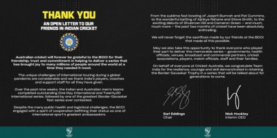In a rare gesture, Cricket Australia says 'forever grateful' to BCCI