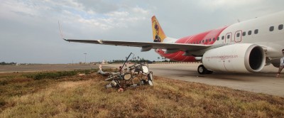 Taxing aircraft's wing knocks down lighting pole in Vijayawada airport