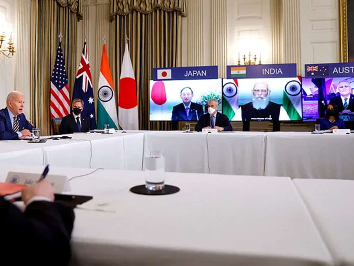 Joe Biden meets virtually with the leaders of Australia, India and Japan in the State Dining Room of the White House, Washington, Mar. 12, 2021. (AFP)