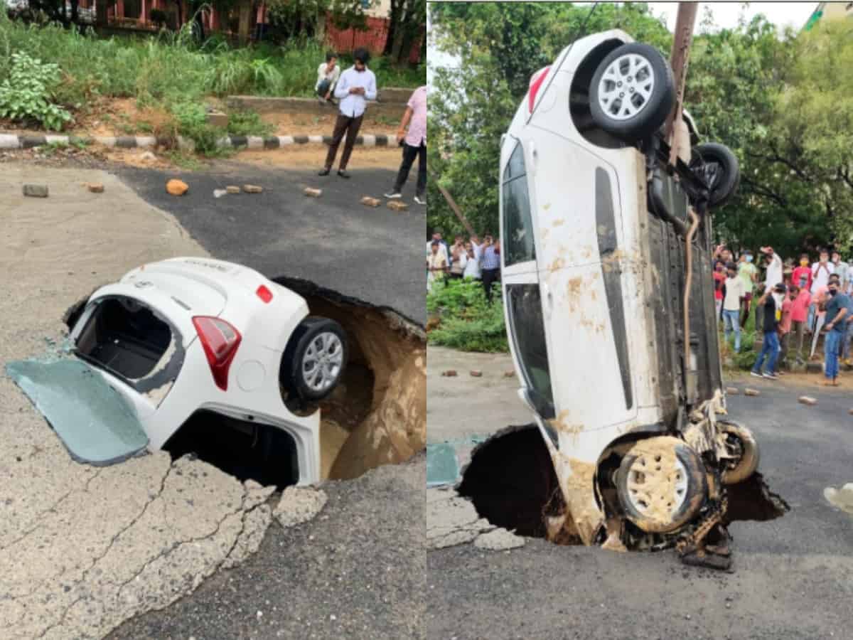 Viral photo: Constable's car stuck inside caved road in Delhi