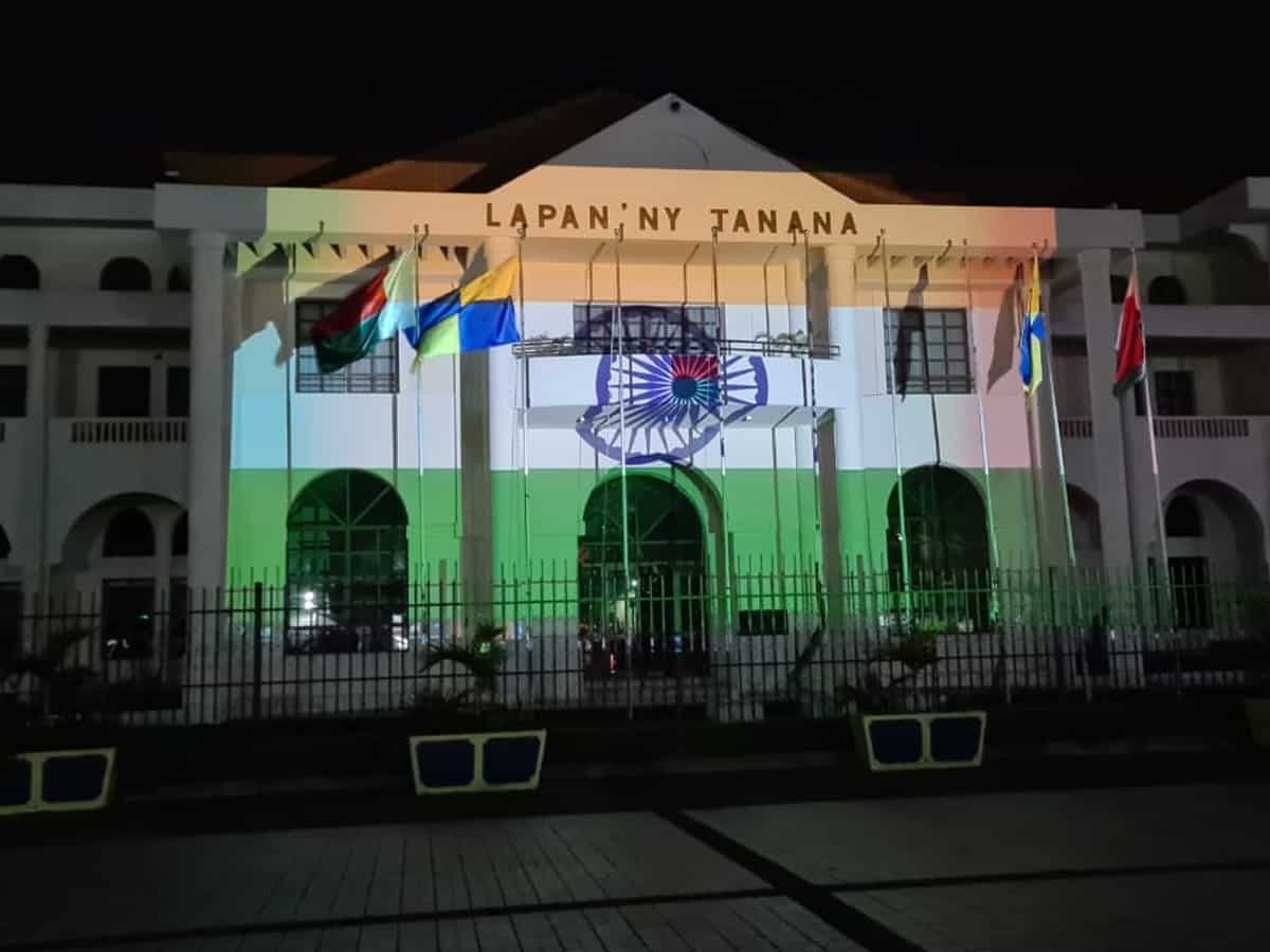 Madagascar's Town Hall lits up in shades of Indian flag for Independence Day