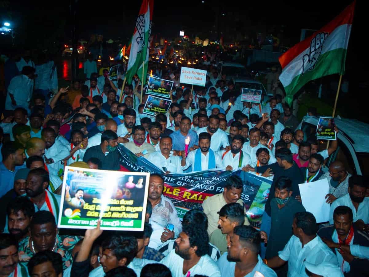 Hyderabad:Congress Party holds candle light protests at Peoples Plaza against the killings of farmers in Lakhimpur Kheri